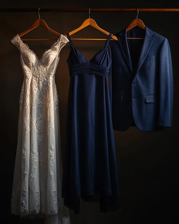Bridal gown, bridesmaid dress and groom's suit on hangers