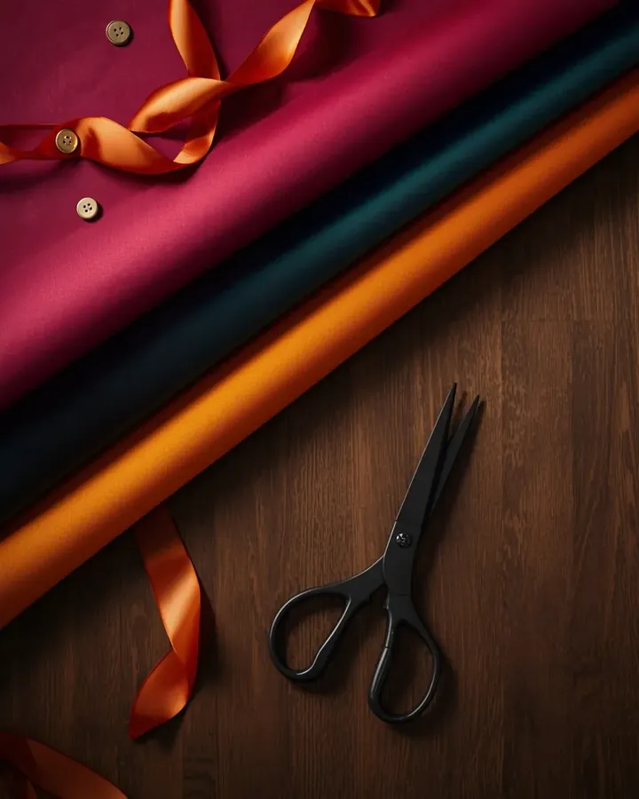 Rolls of coloured dress fabric with ribbon, buttons and scissors