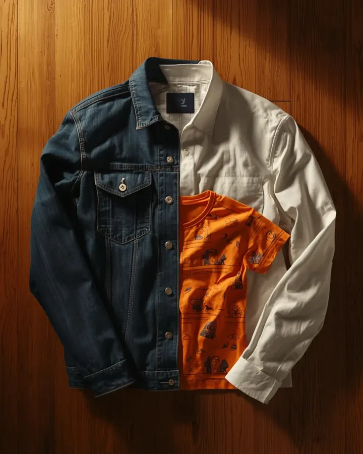 Denim jacket, shirt and printed t-shirt folded together