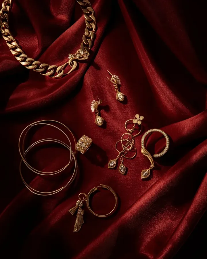 Gold necklace, earrings, bangles and rings on red fabric