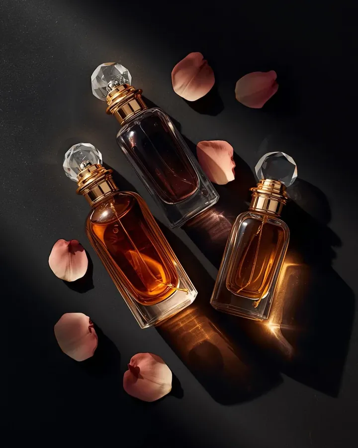 Perfume oil bottles with rose petals