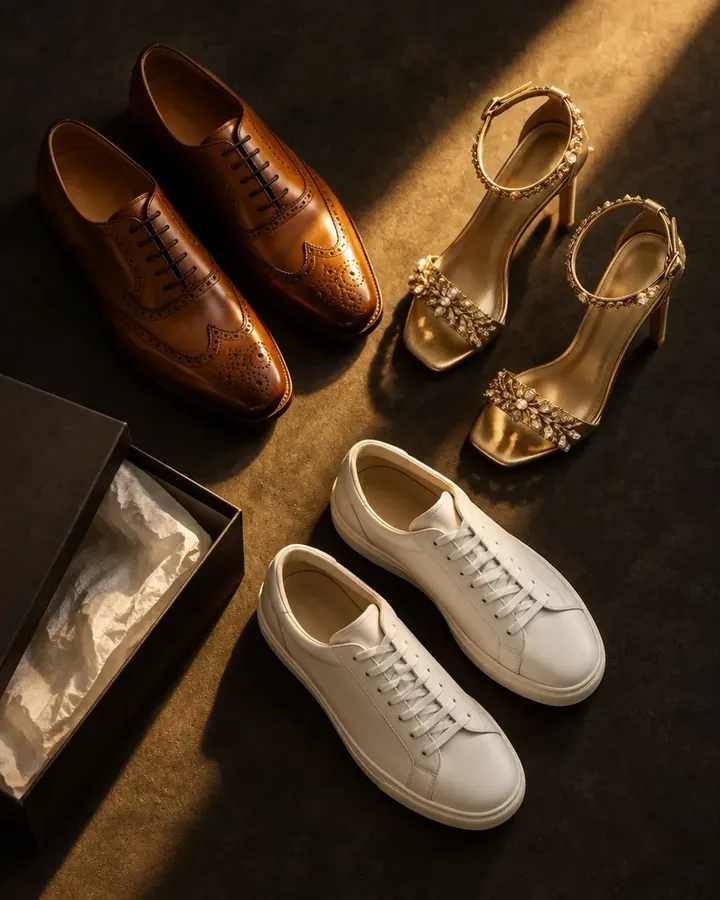 Leather brogues, gold heeled sandals and white sneakers laid out together