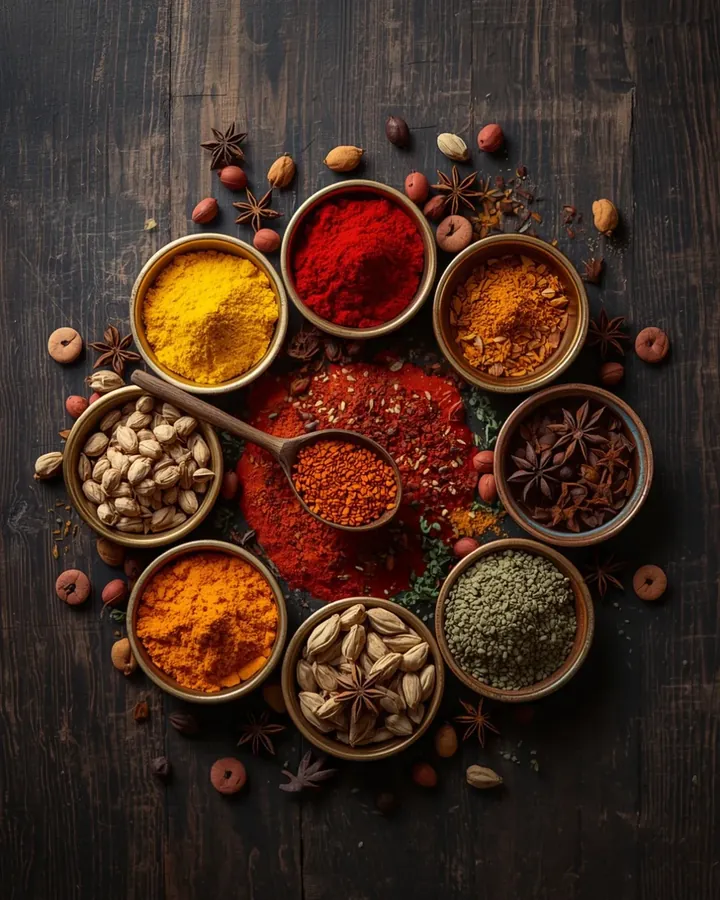 Ground masala and whole spices at a spice merchant