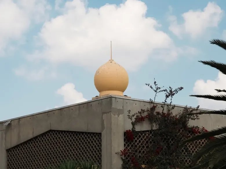 A cream onion dome above the rooftops, with bougainvillea against a blue sky